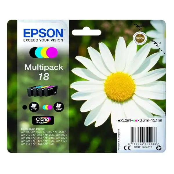 Epson 18 Noir couleur Pack de 4 Cartouches d'encre d'origine