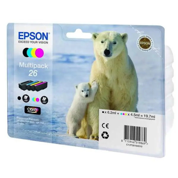 Epson 26 Noir couleur Ours polaire Pack de 4 Cartouches d'encre d'origine