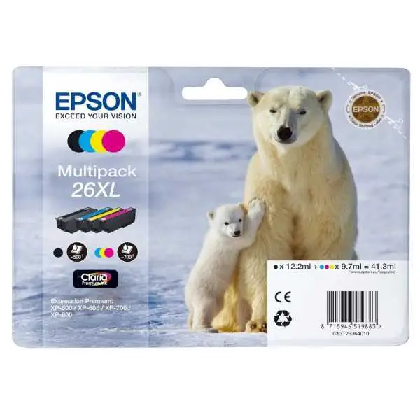 Epson 26XL Noir couleur Ours polaire Pack de 4 Cartouches d'encre d'origine