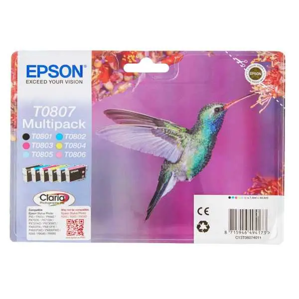 Epson T0807 Noir couleur Colibri Pack de 6 Cartouches d'encre d'origine